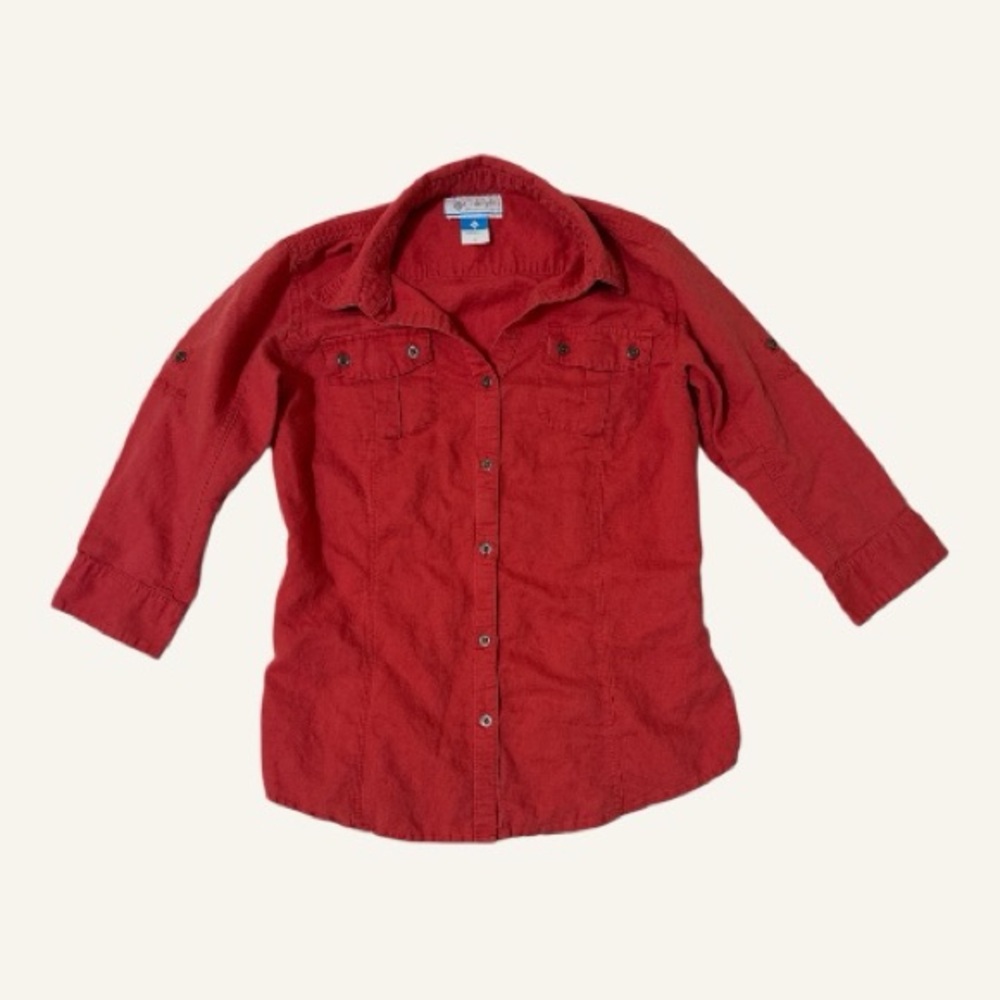 Columbia Sportswear Women's Medium Red Button Down Shirt Linen Cotton Blend